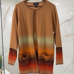 Denim & Co 100% Wool Open Front Cardigan Duster Striped Pockets Size M